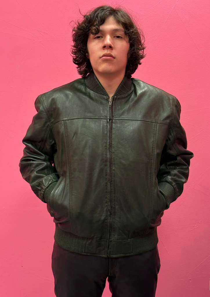 Men’s Green Leather Baseball Bomber Jacket