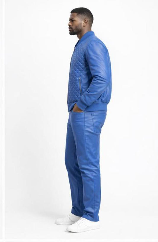 Diamond Quilted Blue Baseball Bomber Set for Men (Blue)