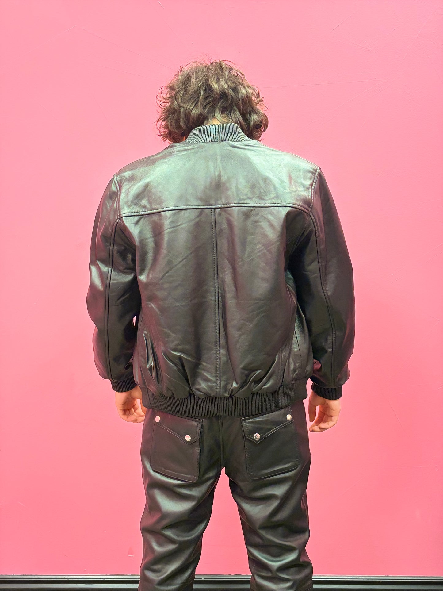 Men’s Black Leather Baseball Bomber Jacket