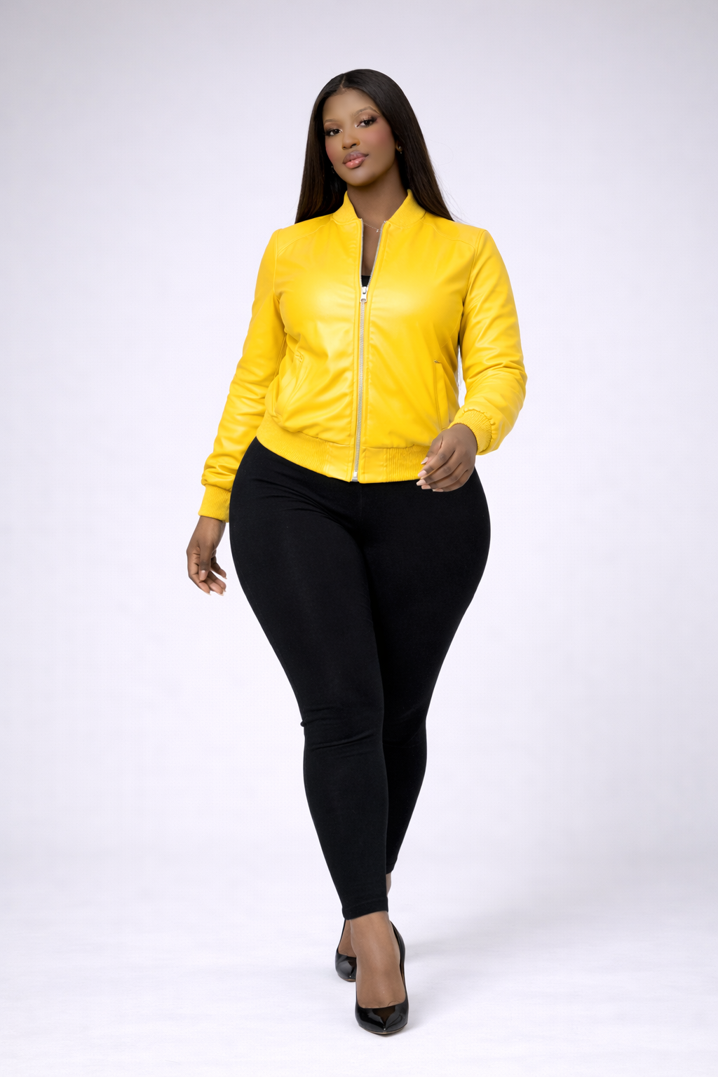 Women’s Yellow Cropped Leather Varsity Jacket