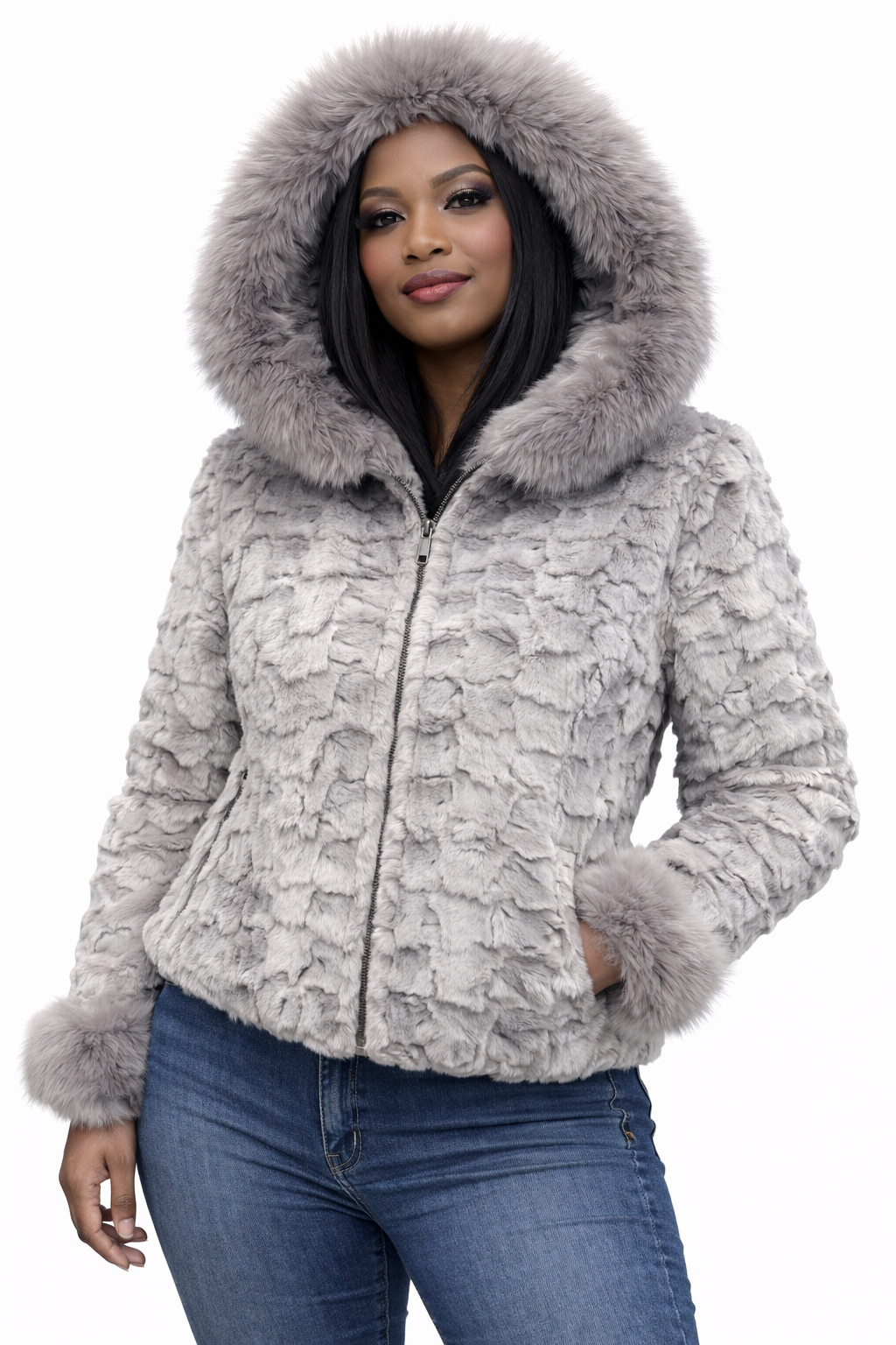 Women’s Light Grey Faux Fur Hooded Jacket