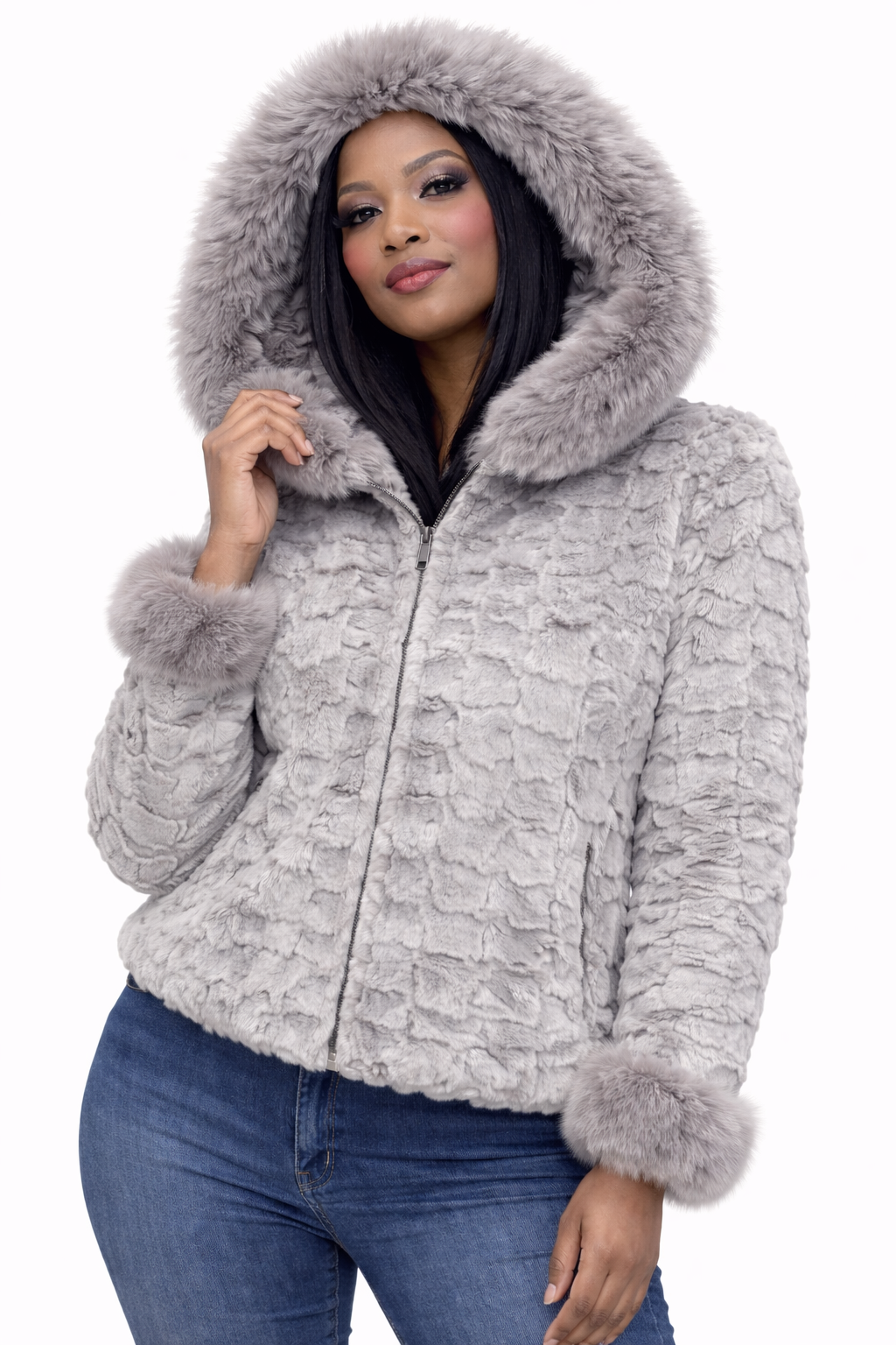 Women’s Light Grey Faux Fur Hooded Jacket