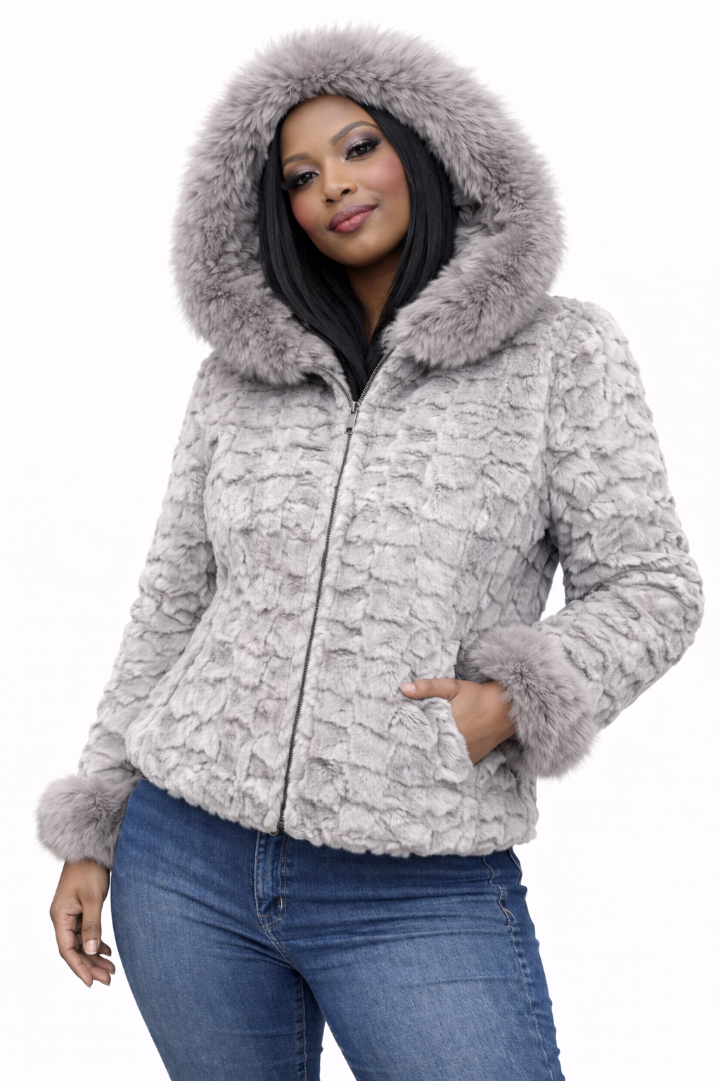 Women’s Light Grey Faux Fur Hooded Jacket