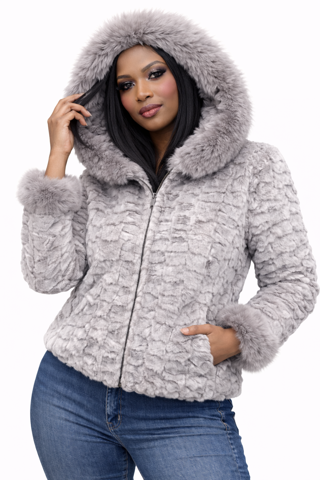 Women’s Light Grey Faux Fur Hooded Jacket