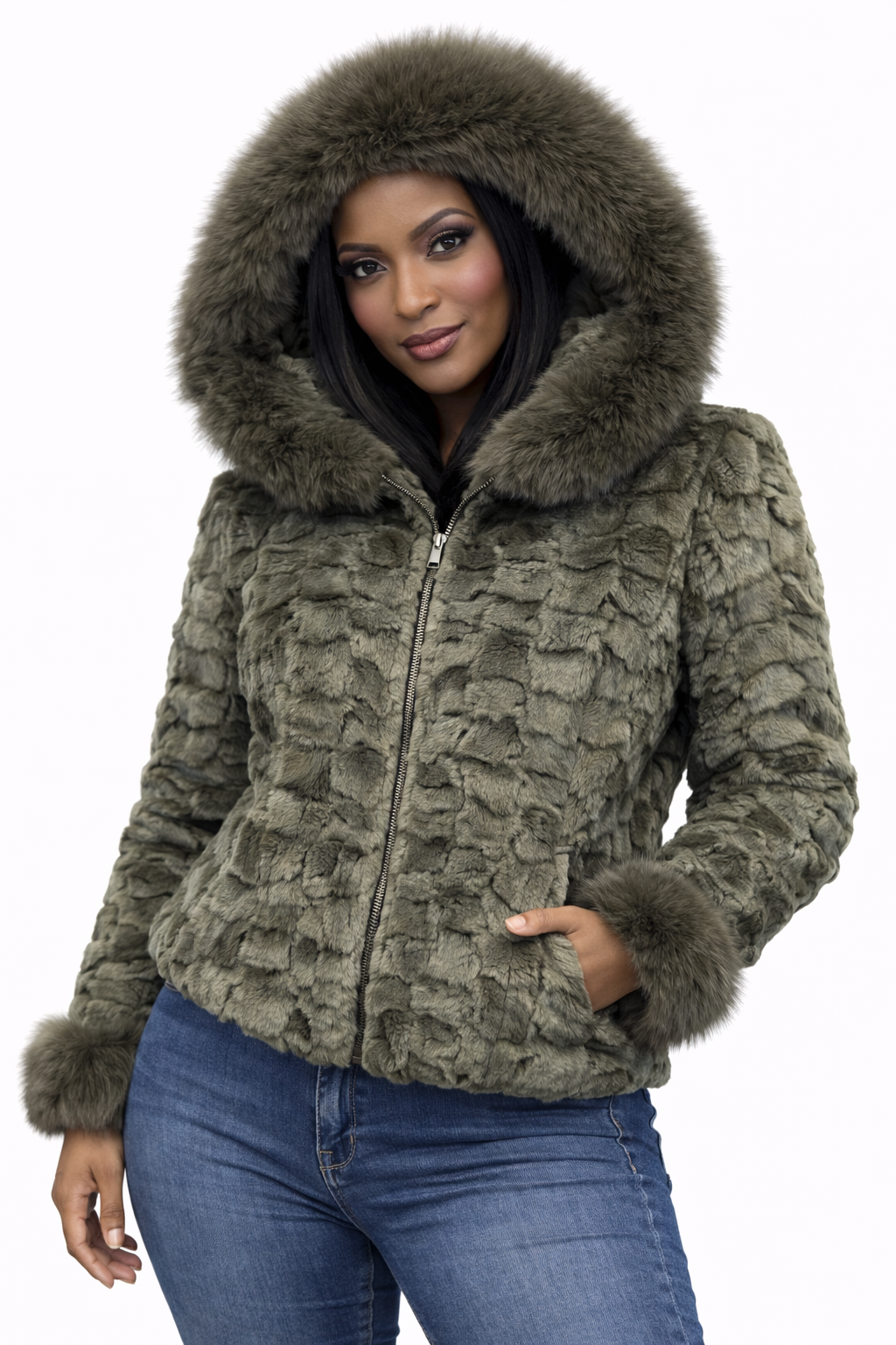 Women’s Olive Green Faux Fur Hooded Jacket