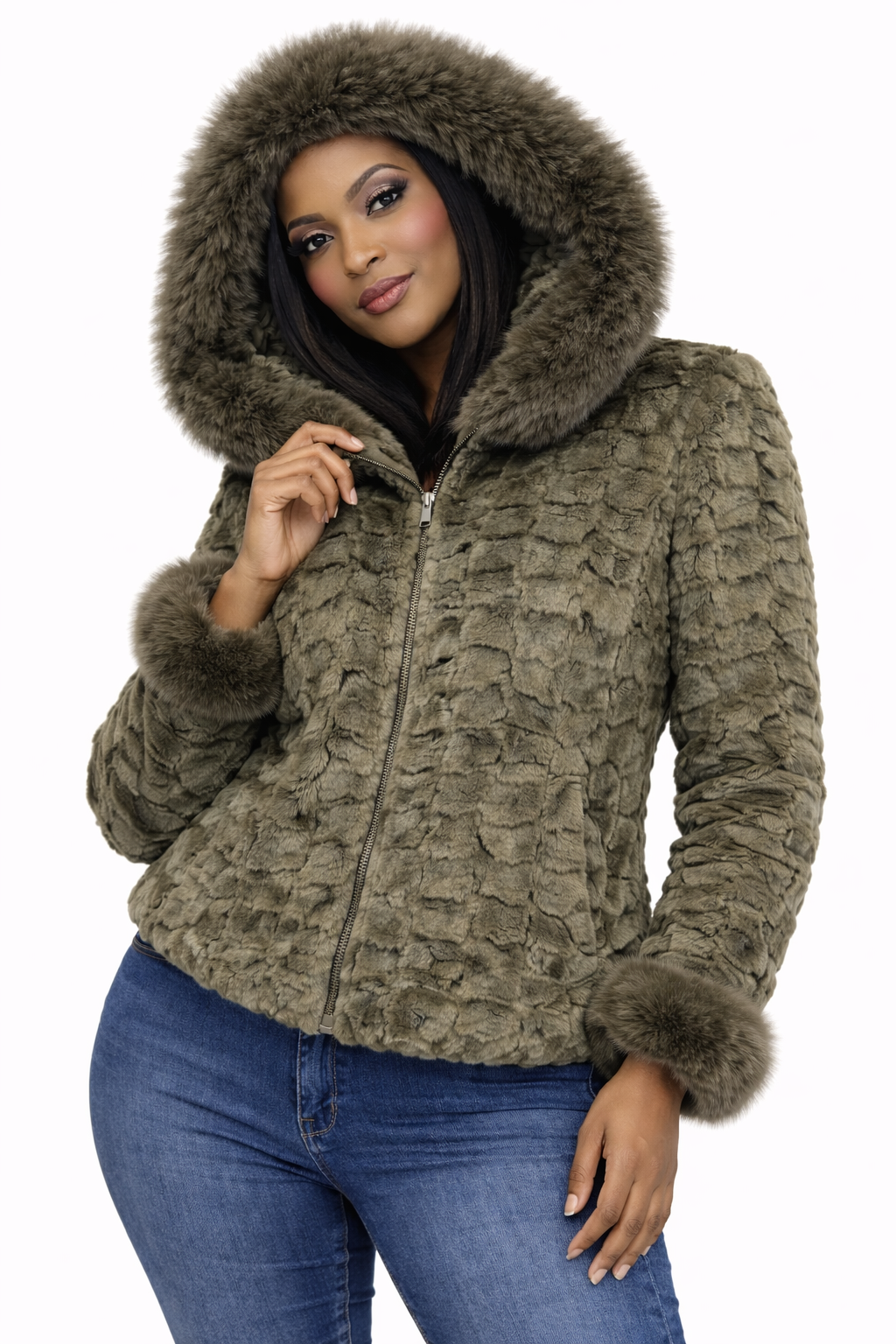 Women’s Olive Green Faux Fur Hooded Jacket