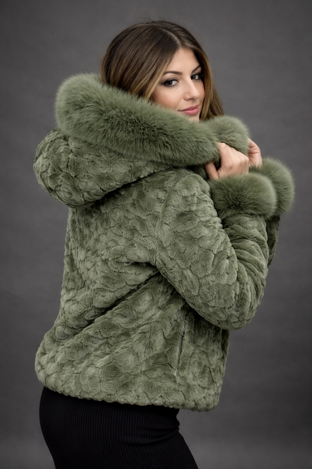 Women’s Olive Green Faux Fur Hooded Jacket