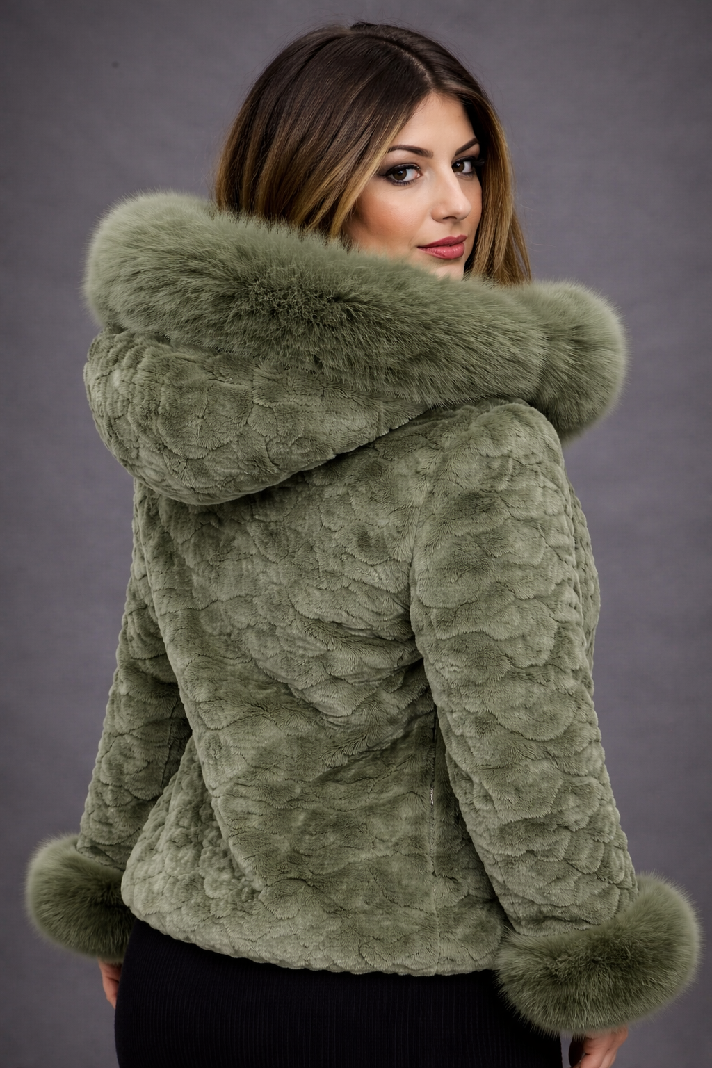 Women’s Olive Green Faux Fur Hooded Jacket