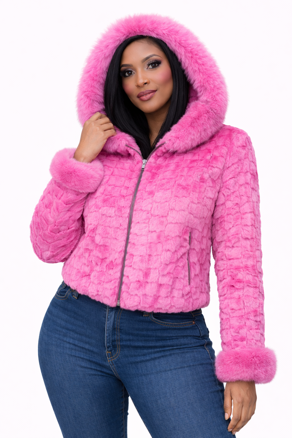 Women’s Pink Faux Fur Hooded Jacket