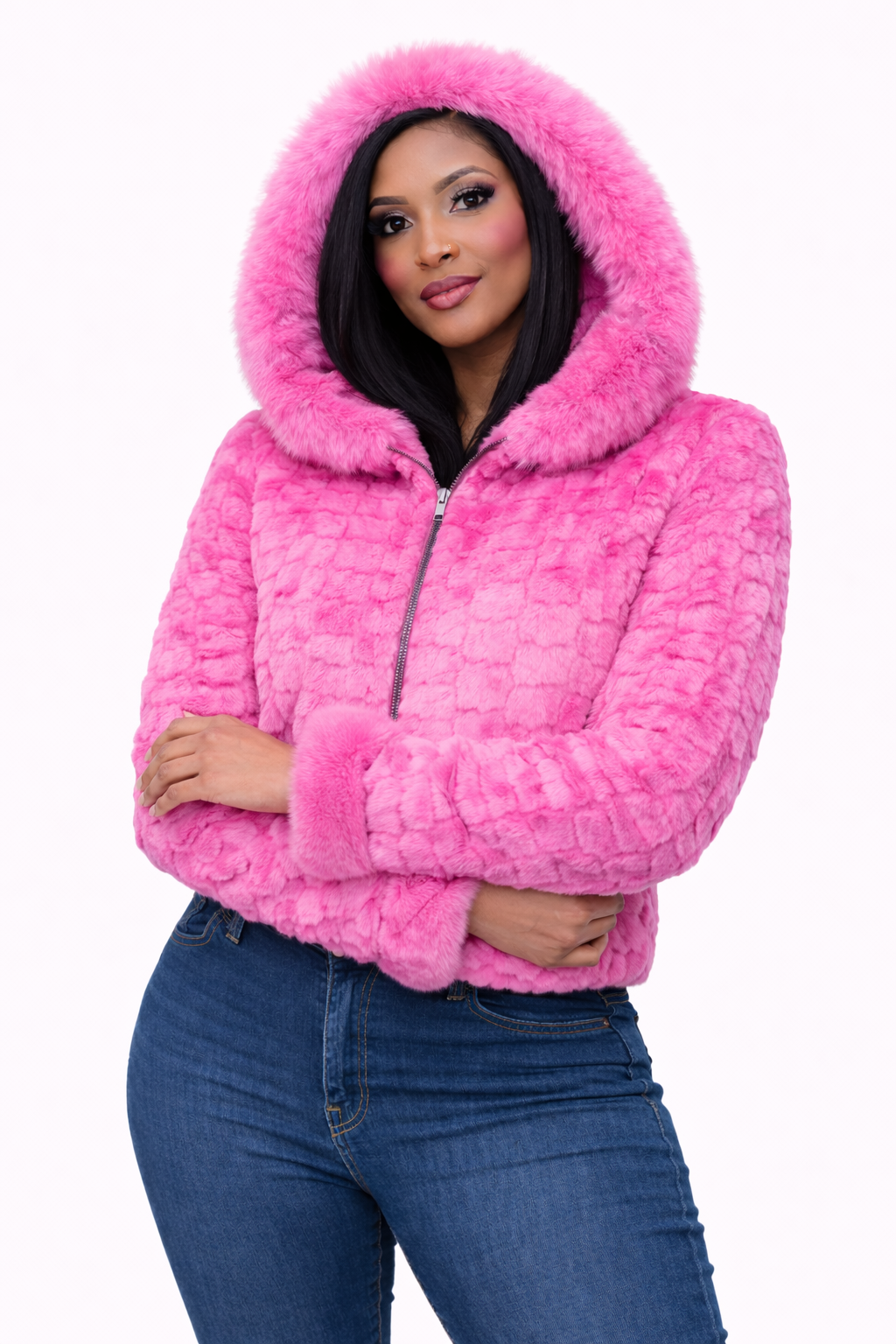 Women’s Pink Faux Fur Hooded Jacket