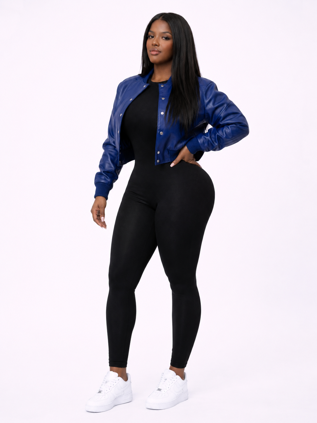 Women’s Crop Leather Bomber Jacket [Navy Blue]