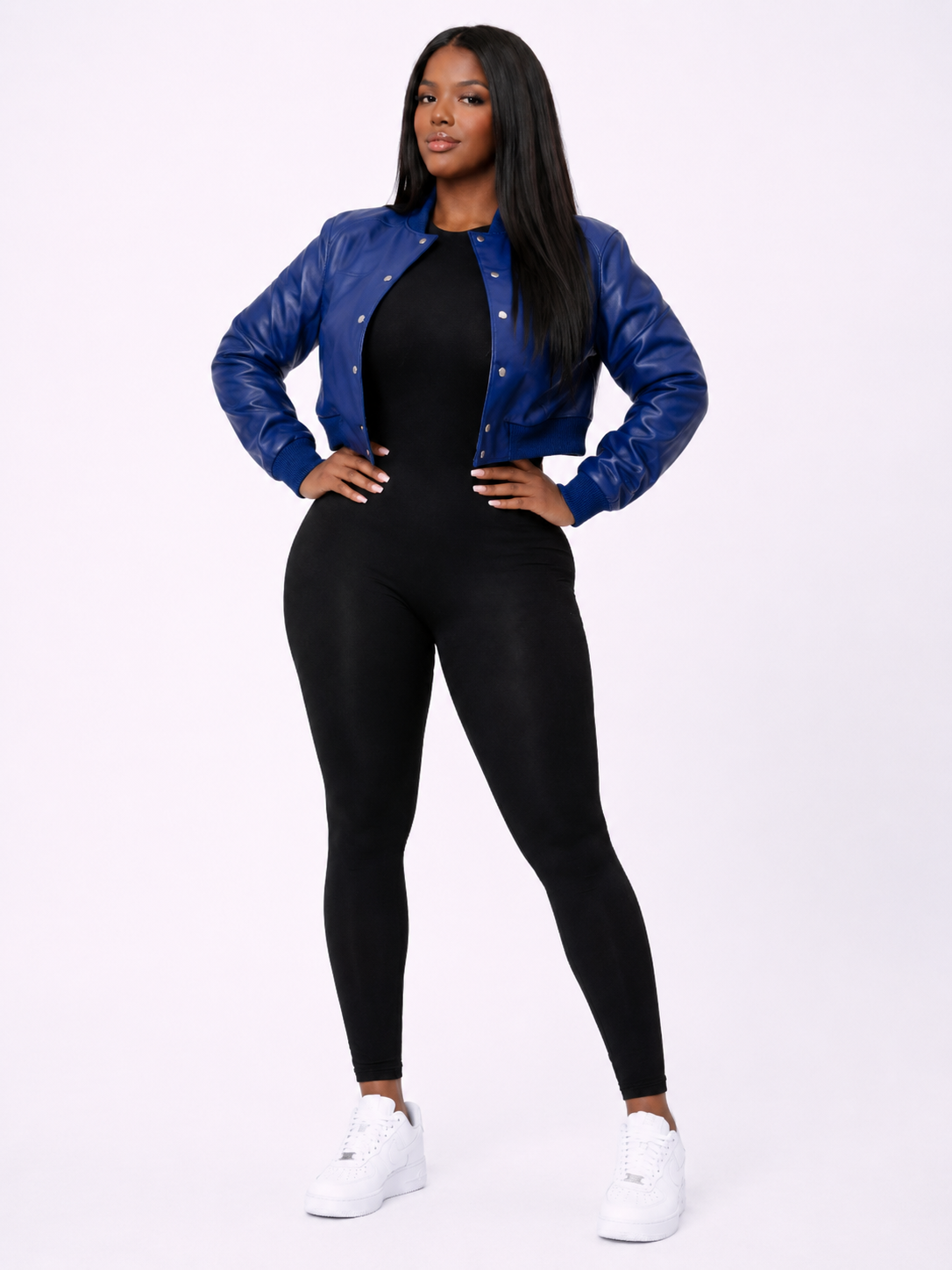 Women’s Crop Leather Bomber Jacket [Royal Blue]
