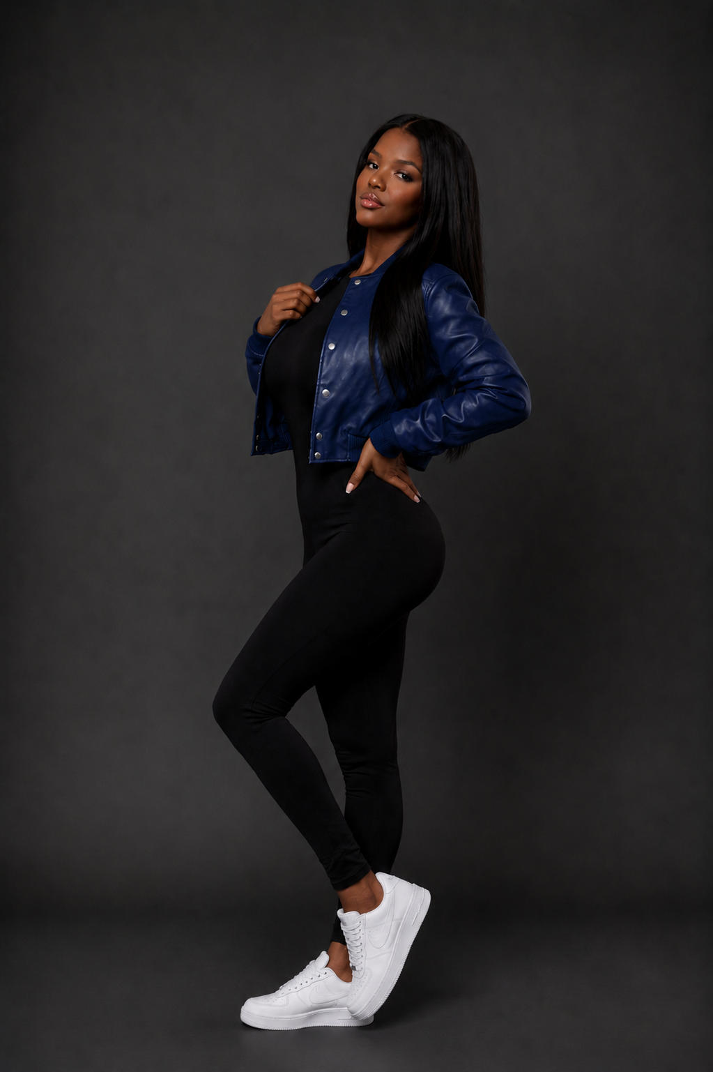 Women's Crop Leather Varsity Jacket [Navy Blue]