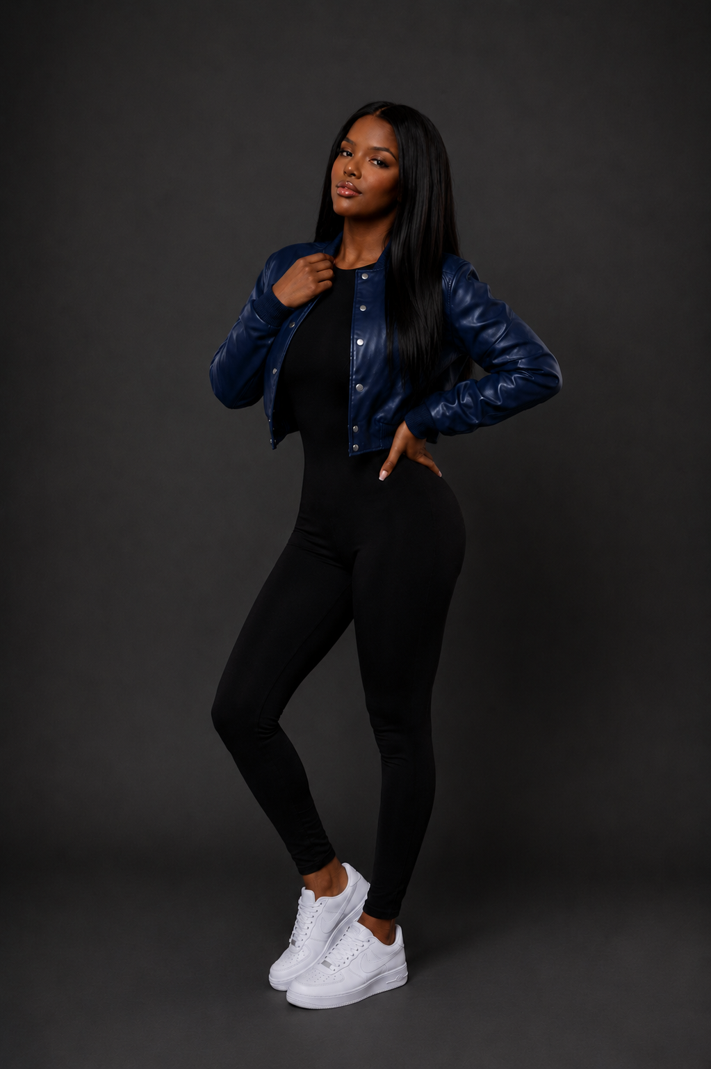 Women's Crop Leather Varsity Jacket [Navy Blue]