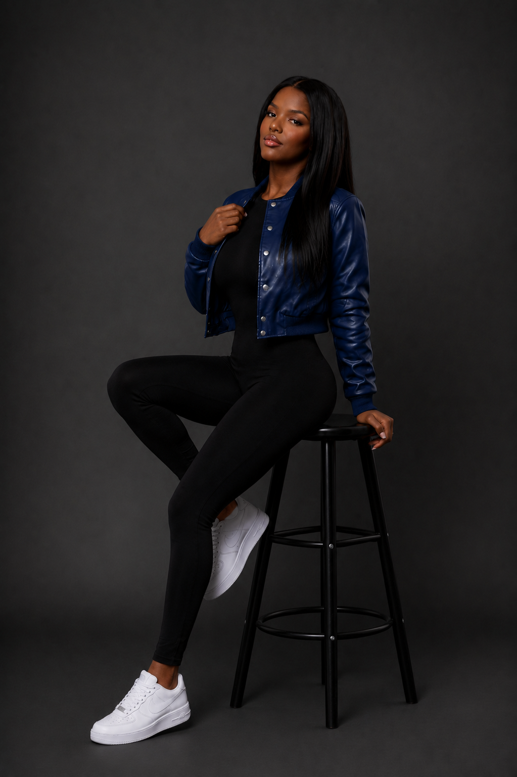 Women's Crop Leather Varsity Jacket [Navy Blue]