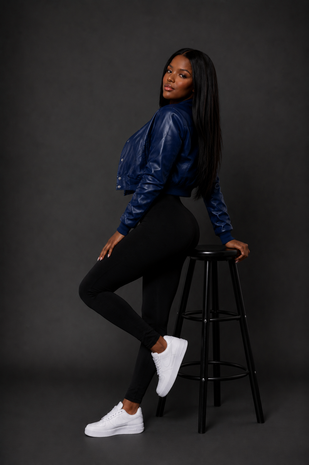 Women's Crop Leather Varsity Jacket [Navy Blue]