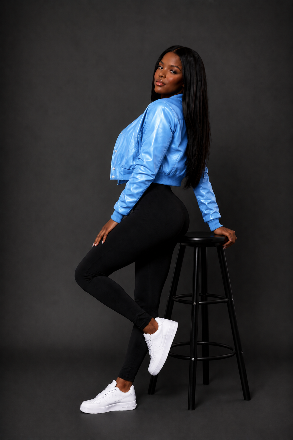 Women's Crop Leather Varsity Jacket [Sky Blue]