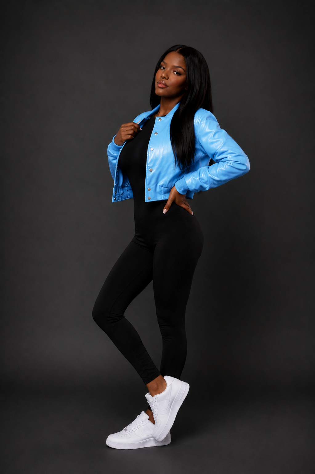 Women's Crop Leather Varsity Jacket [Sky Blue]