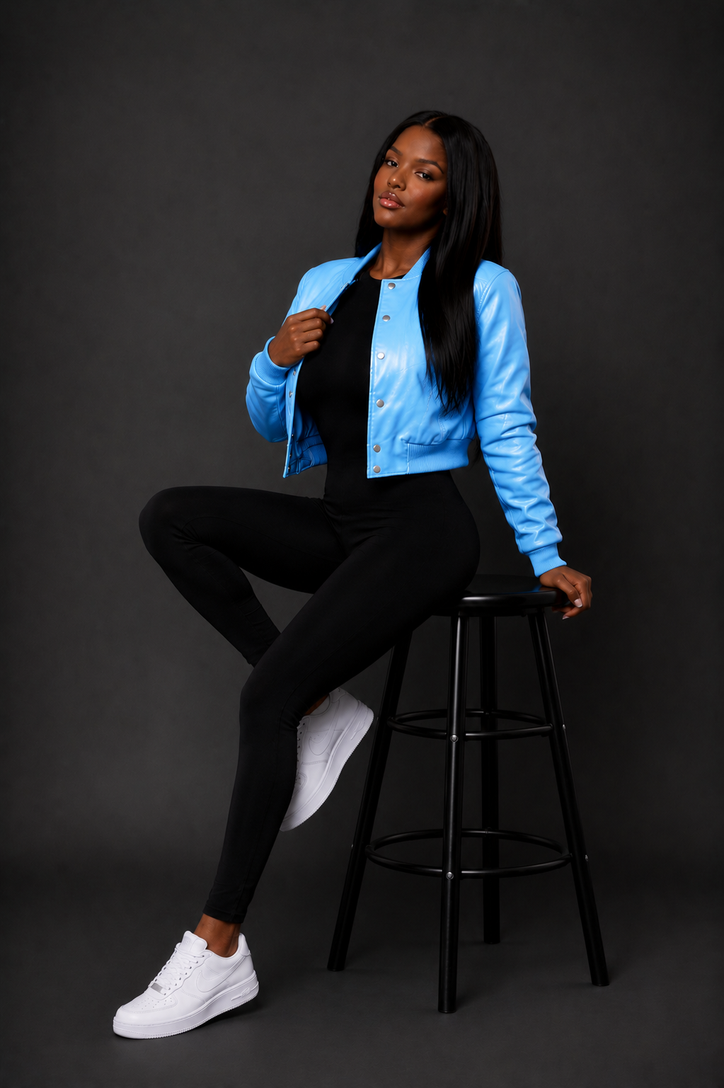 Women's Crop Leather Varsity Jacket [Sky Blue]