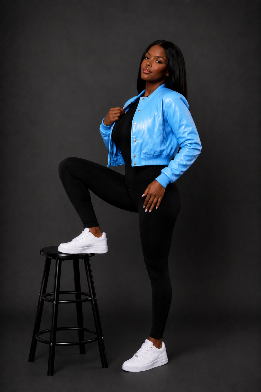 Women's Crop Leather Varsity Jacket [Sky Blue]