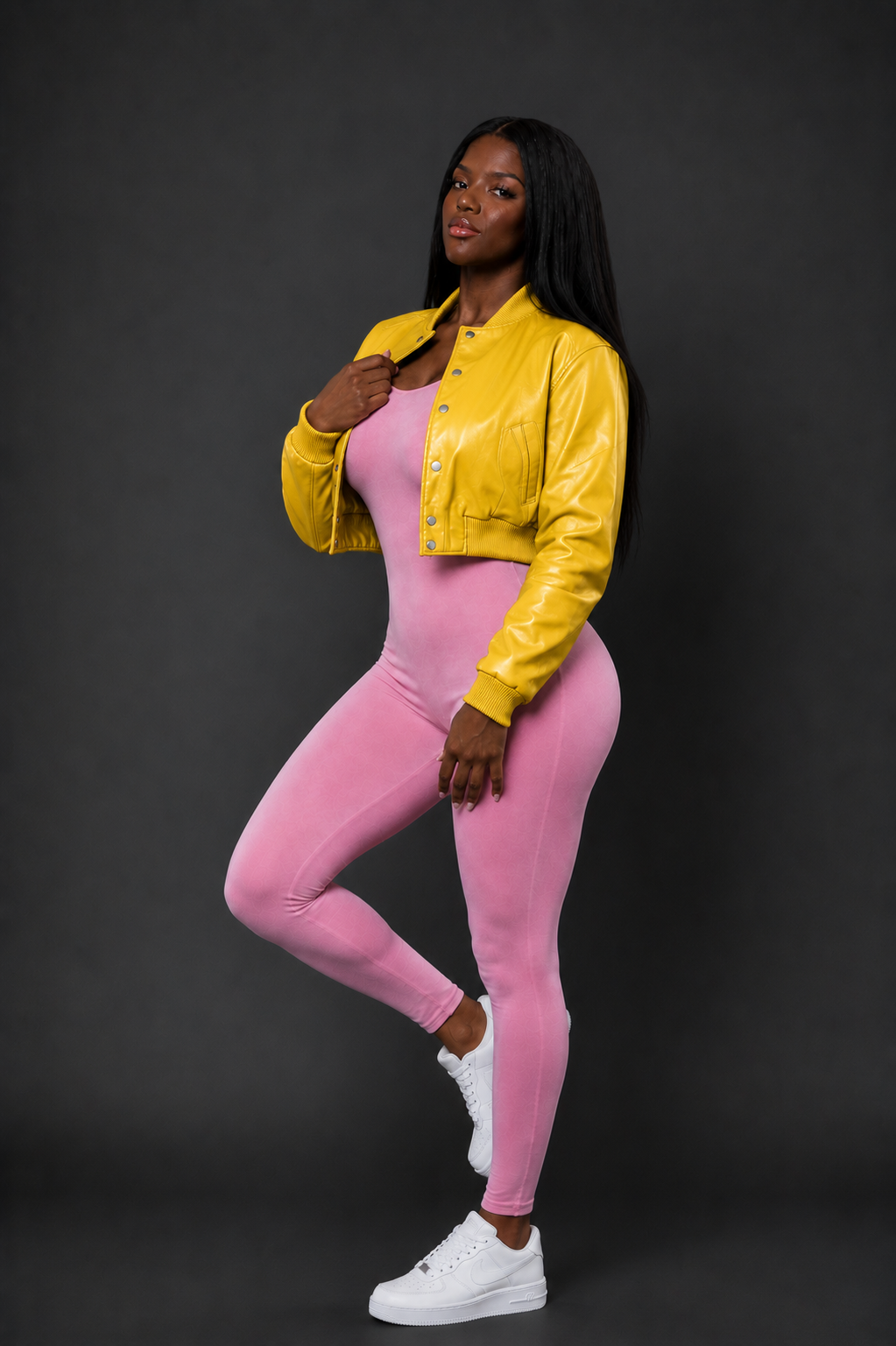 Women's Crop Leather Varsity Jacket [Yellow]