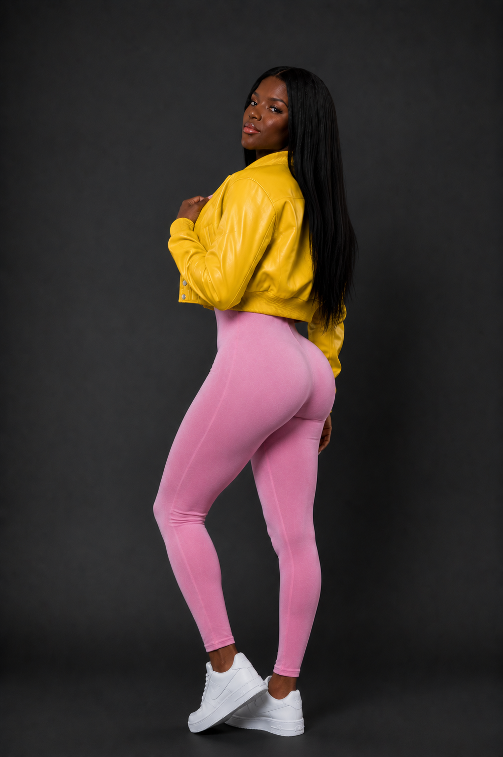 Women's Crop Leather Varsity Jacket [Yellow]