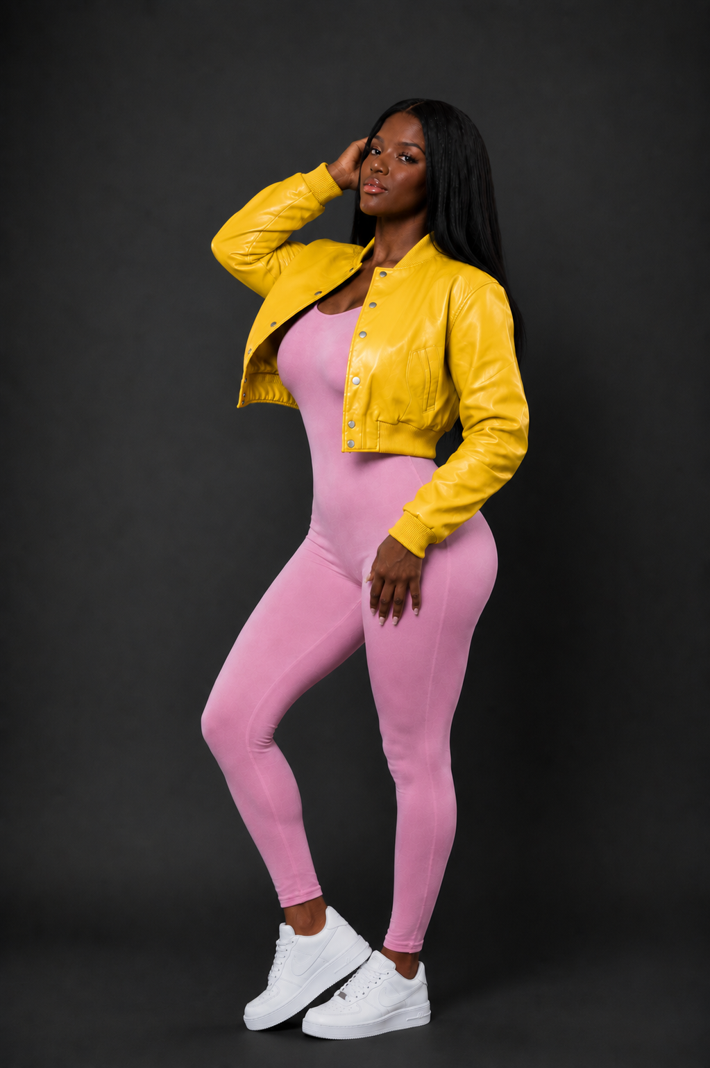Women's Crop Leather Varsity Jacket [Yellow]