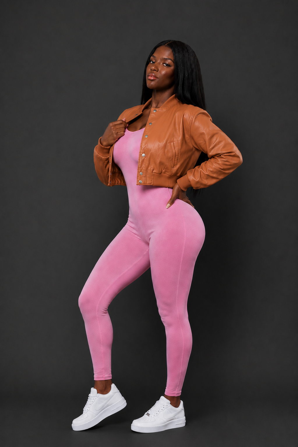 Women's Crop Leather Varsity Jacket [TAN]