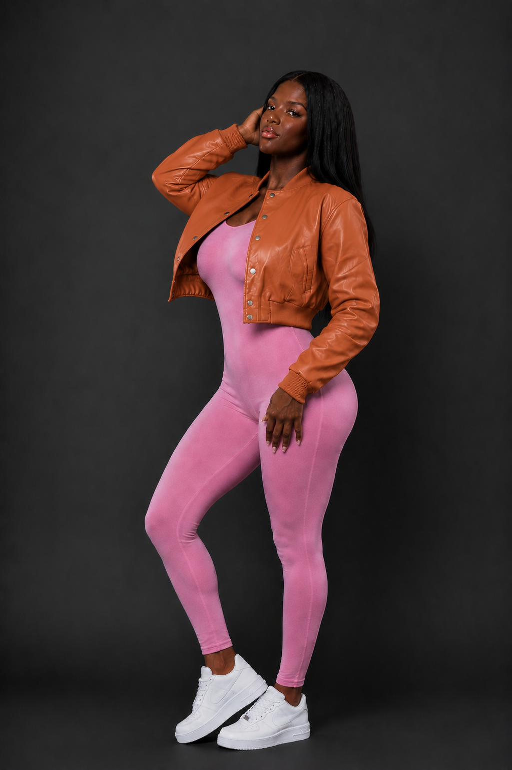 Women's Crop Leather Varsity Jacket [TAN]