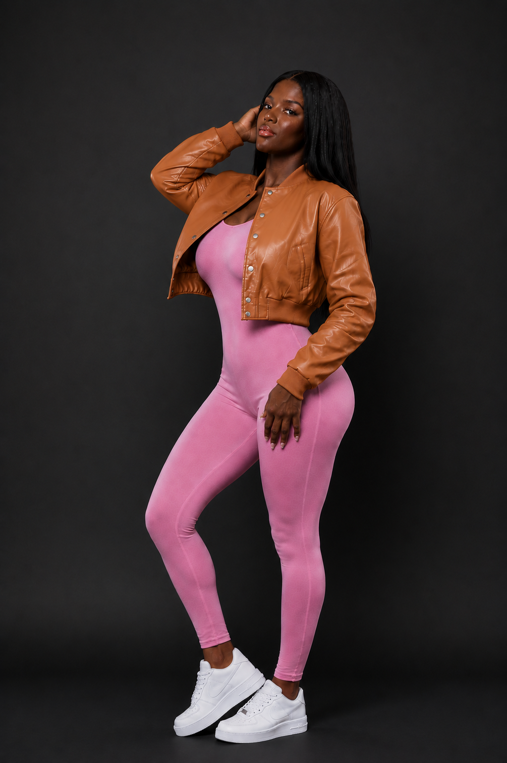 Women's Crop Leather Varsity Jacket [TAN]
