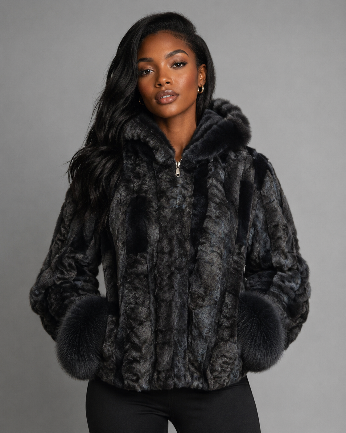 Women’s Black Mink Faux Fur Hooded Jacket