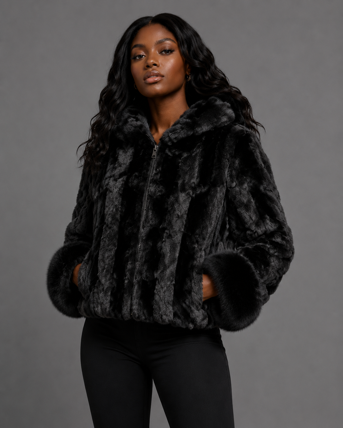 Women’s Black Mink Faux Fur Hooded Jacket