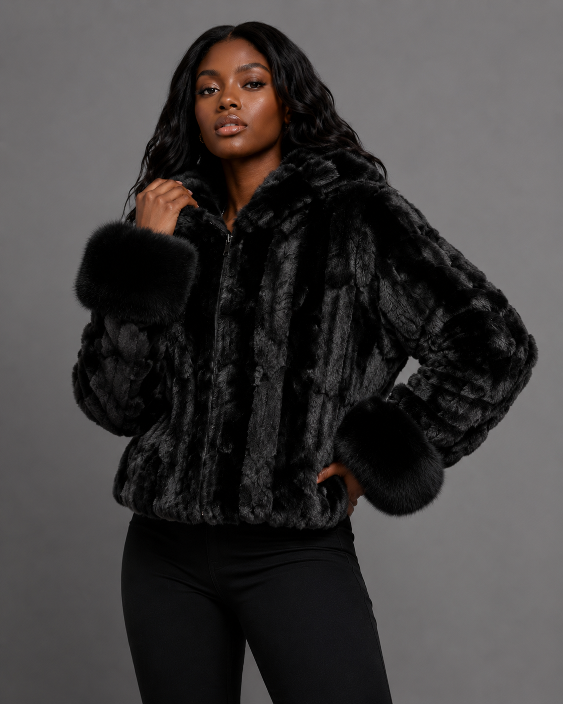 Women’s Black Mink Faux Fur Hooded Jacket