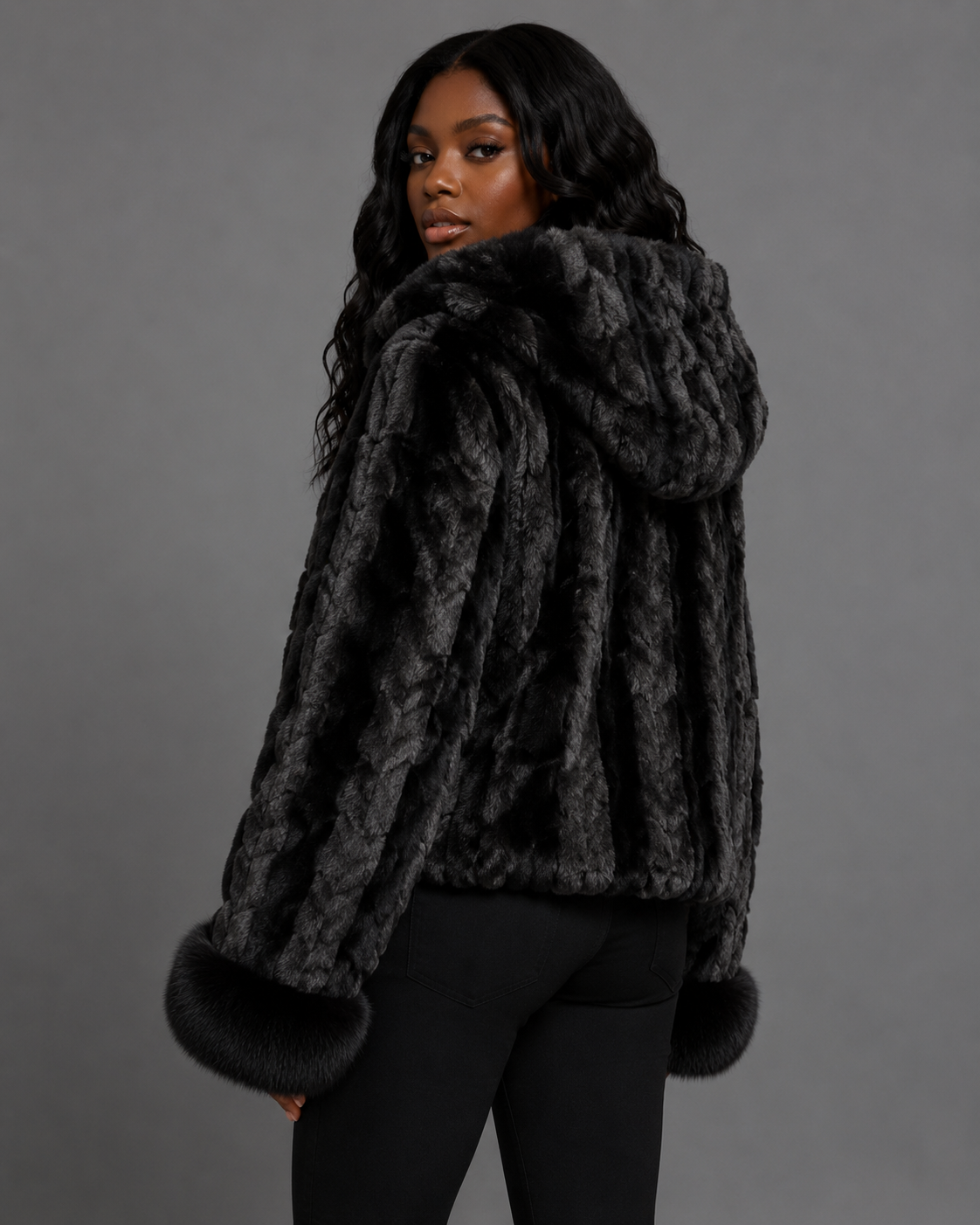 Women’s Black Mink Faux Fur Hooded Jacket