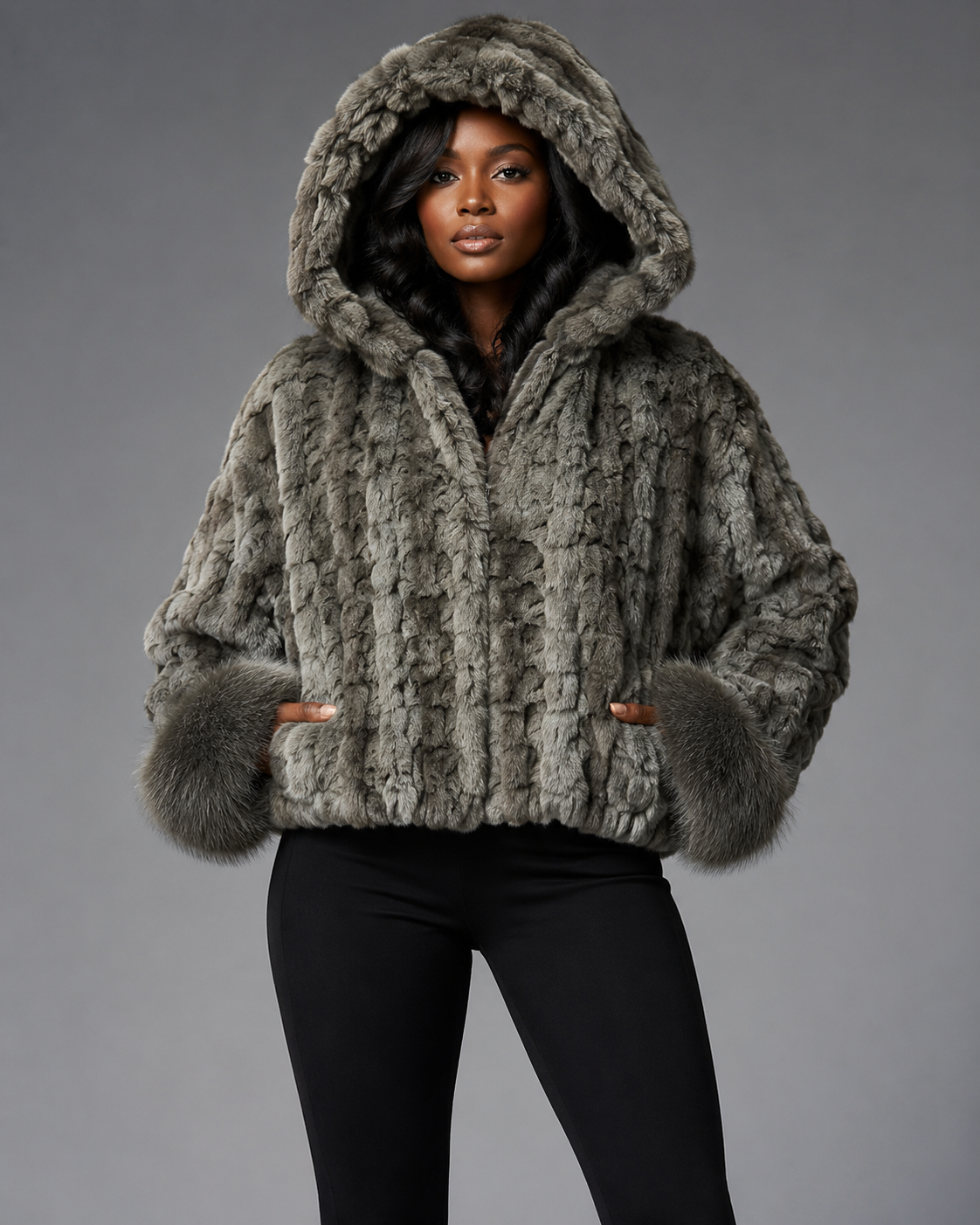 Women’s Grey Mink Faux Fur Hooded Jacket