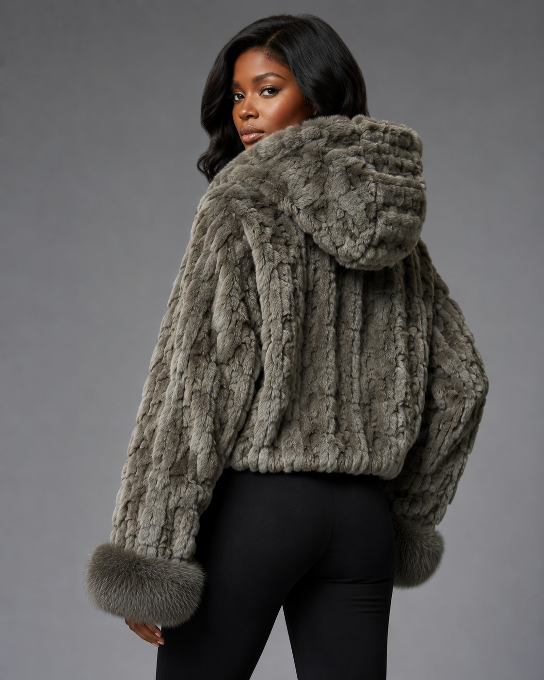 Women’s Grey Mink Faux Fur Hooded Jacket