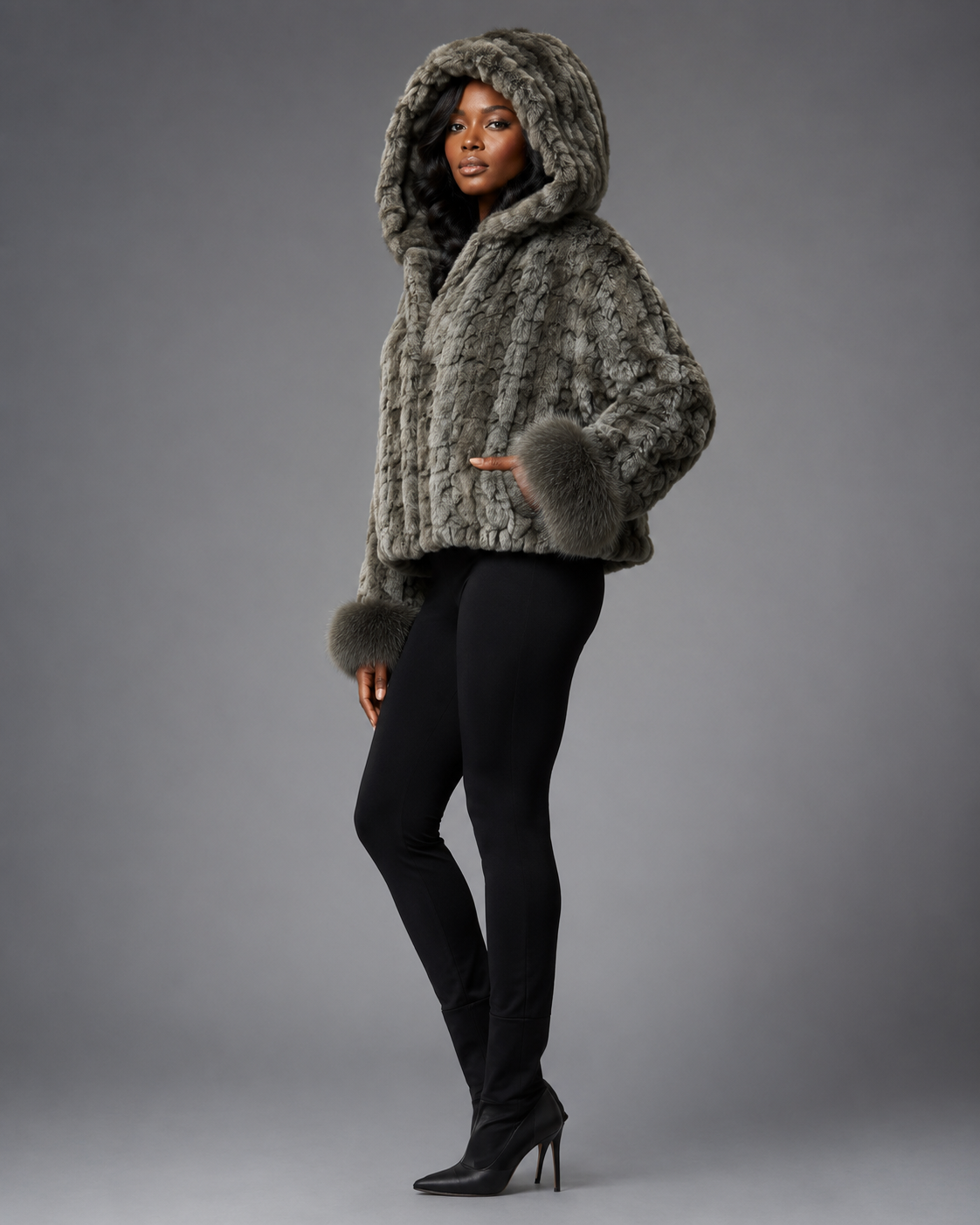Women’s Grey Mink Faux Fur Hooded Jacket