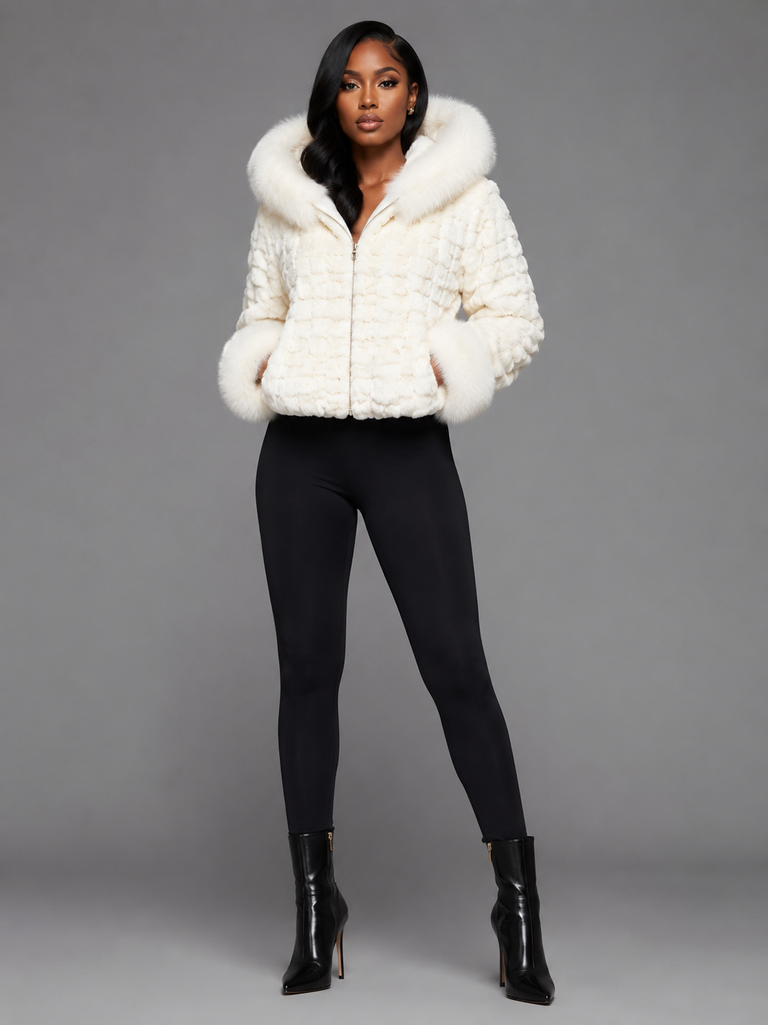 Women’s White Mink Faux Fur Hooded Jacket