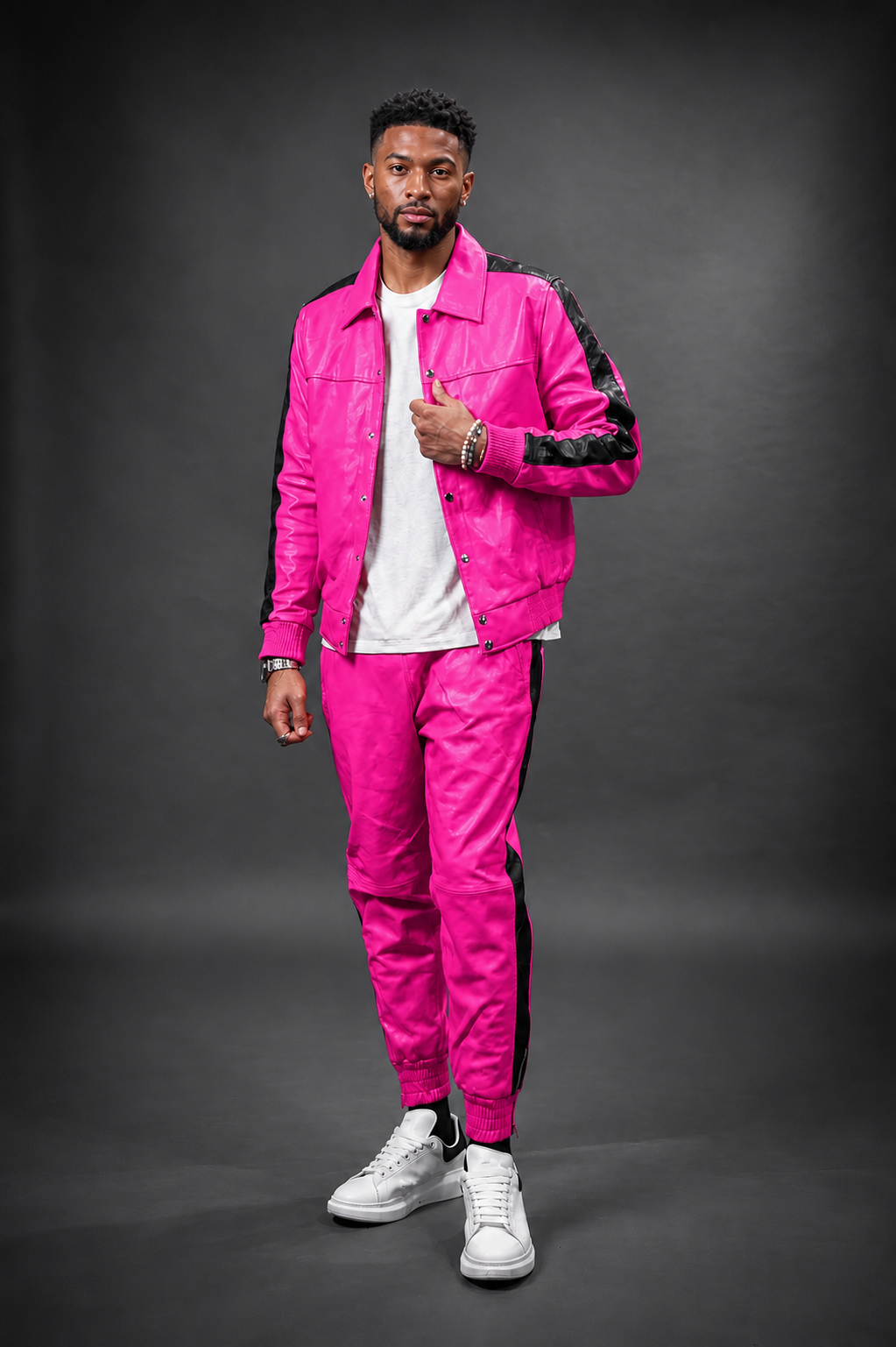 Men's Leather Track Suit Sweatsuit [Pink]