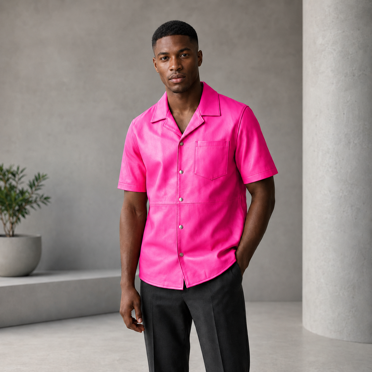 Short sleeves casual shirt for men 100% pure Italian lam skin [Pink]