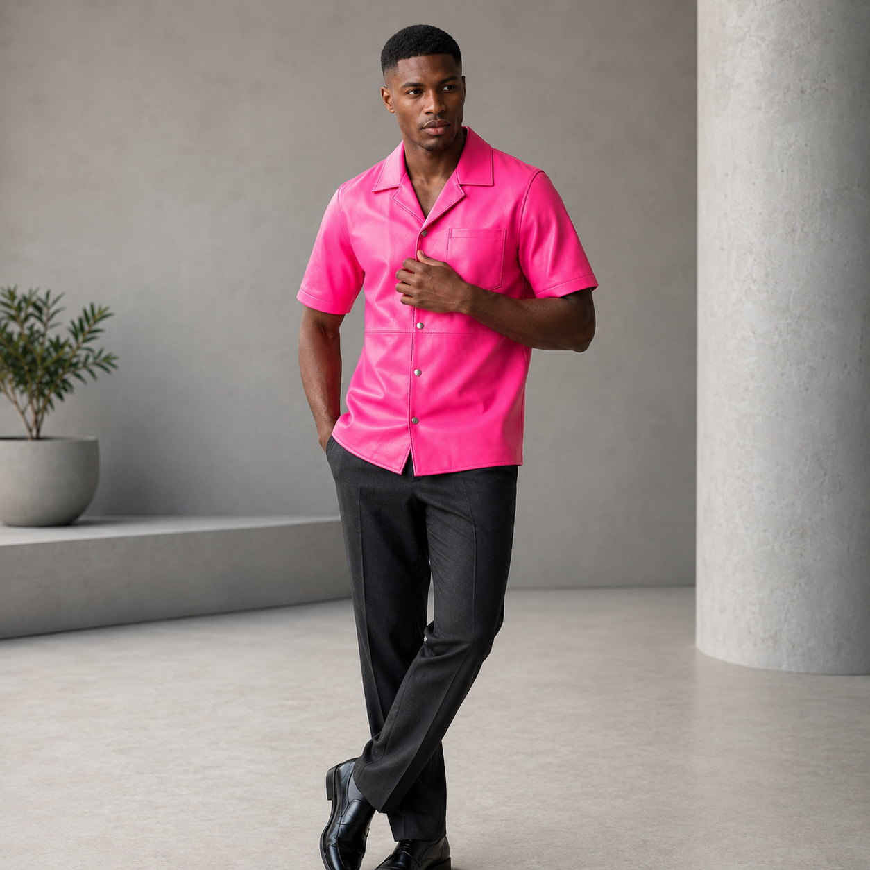 Short sleeves casual shirt for men 100% pure Italian lam skin [Pink]