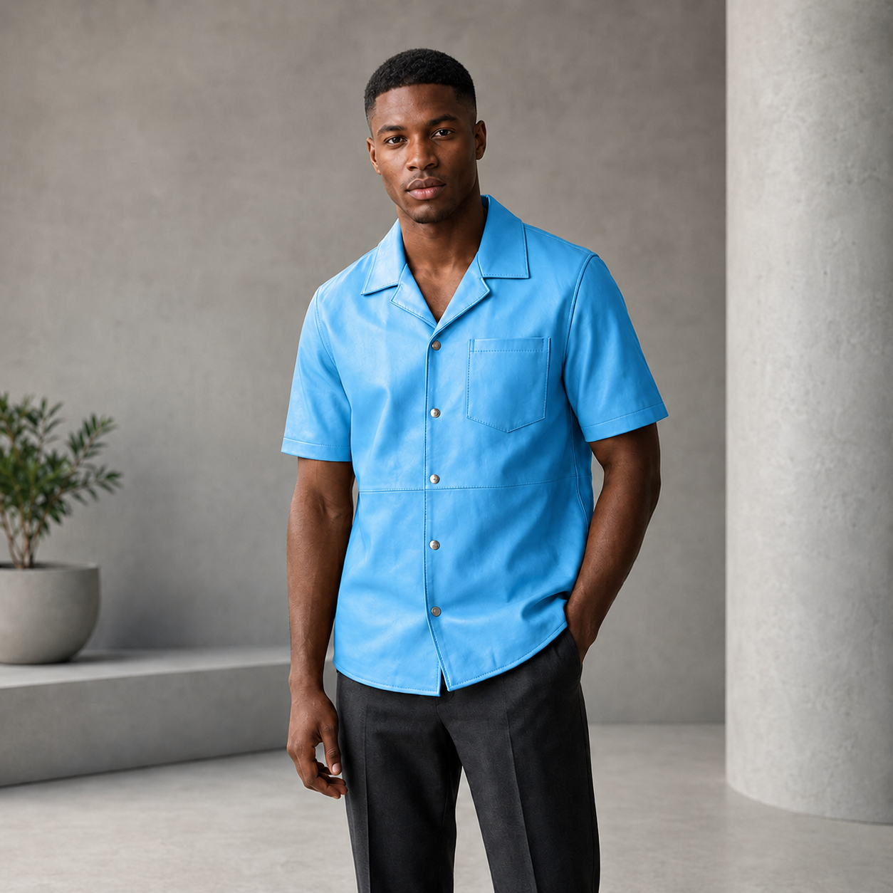 Short sleeves casual shirt for men 100% pure Italian lam skin [Sky Blue]