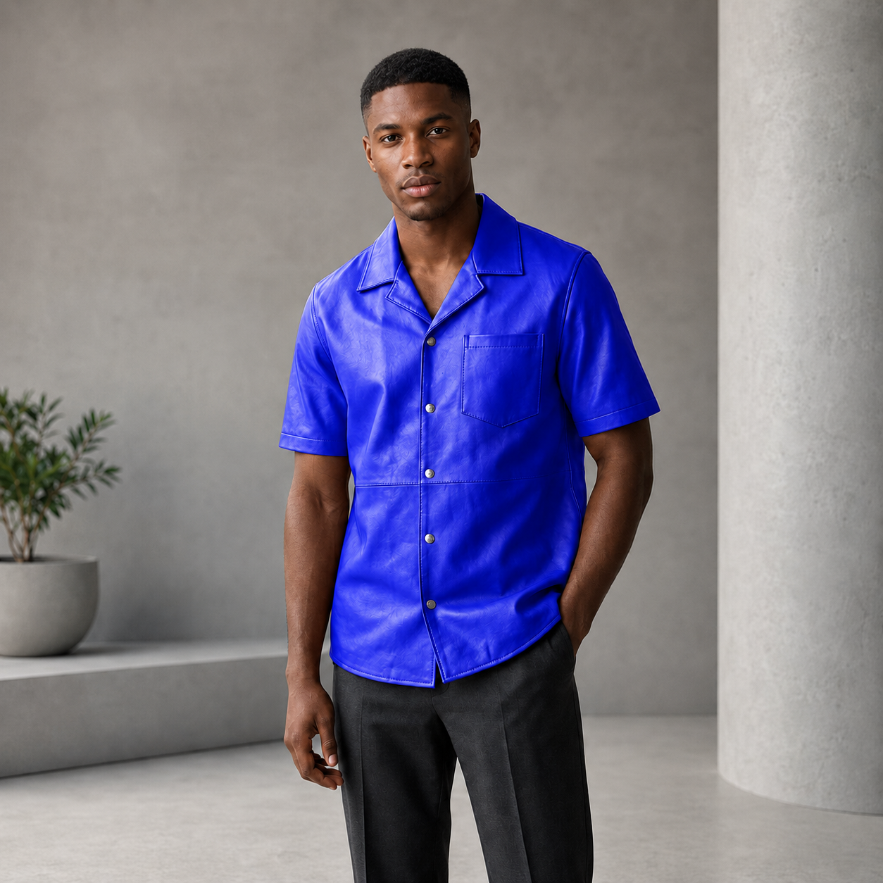 Short sleeves casual shirt for men 100% pure Italian lam skin [Navy Blue]