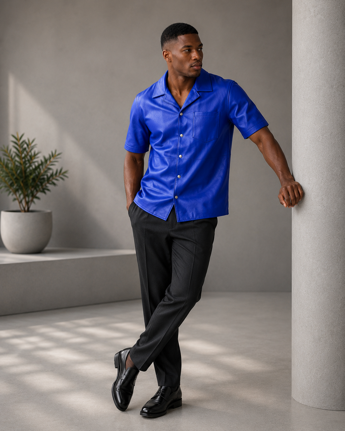 Short sleeves casual shirt for men 100% pure Italian lam skin [Navy Blue]