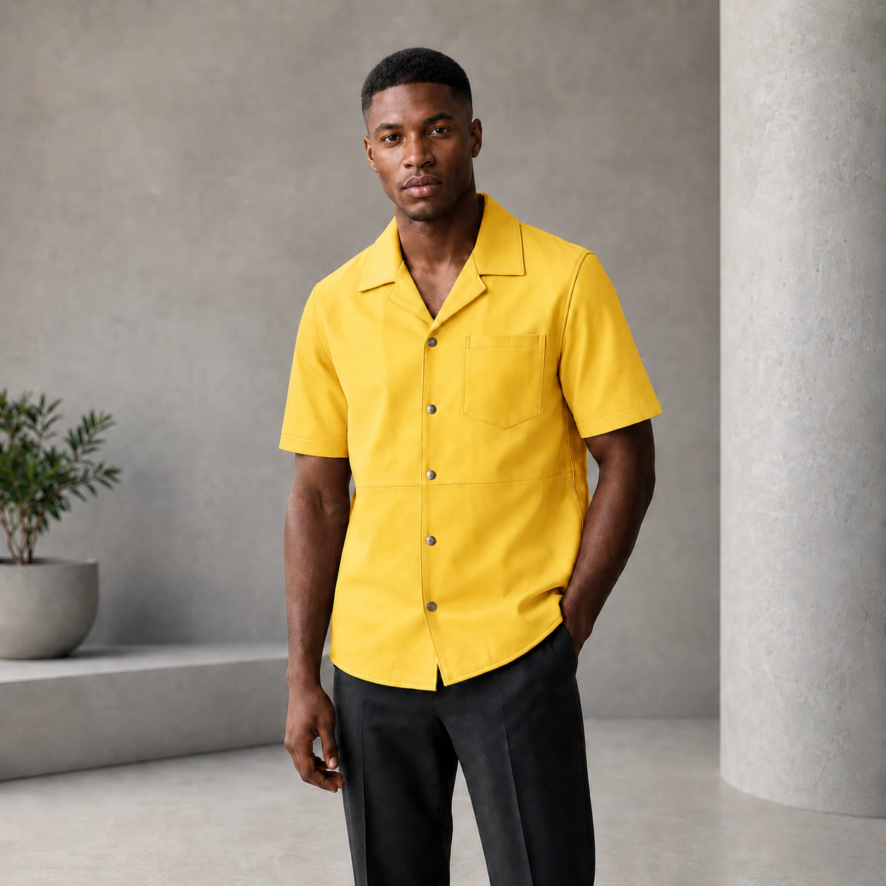 Short sleeves casual shirt for men 100% pure Italian lam skin [Yellow]