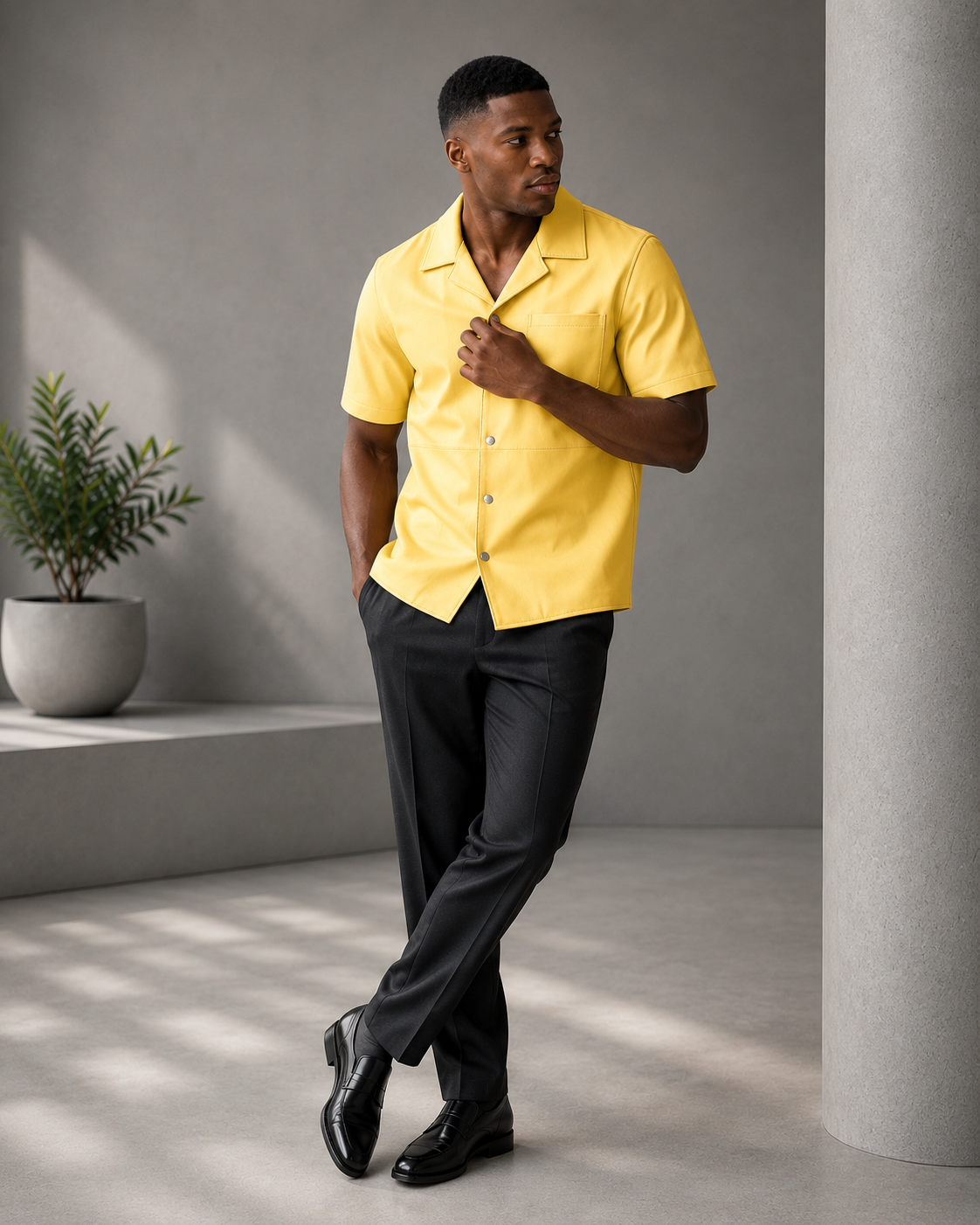 Short sleeves casual shirt for men 100% pure Italian lam skin [Yellow]