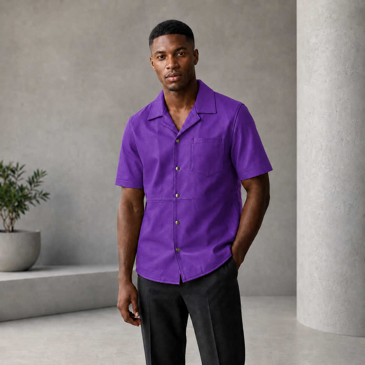Short sleeves casual shirt for men 100% pure Italian lam skin [Purple]