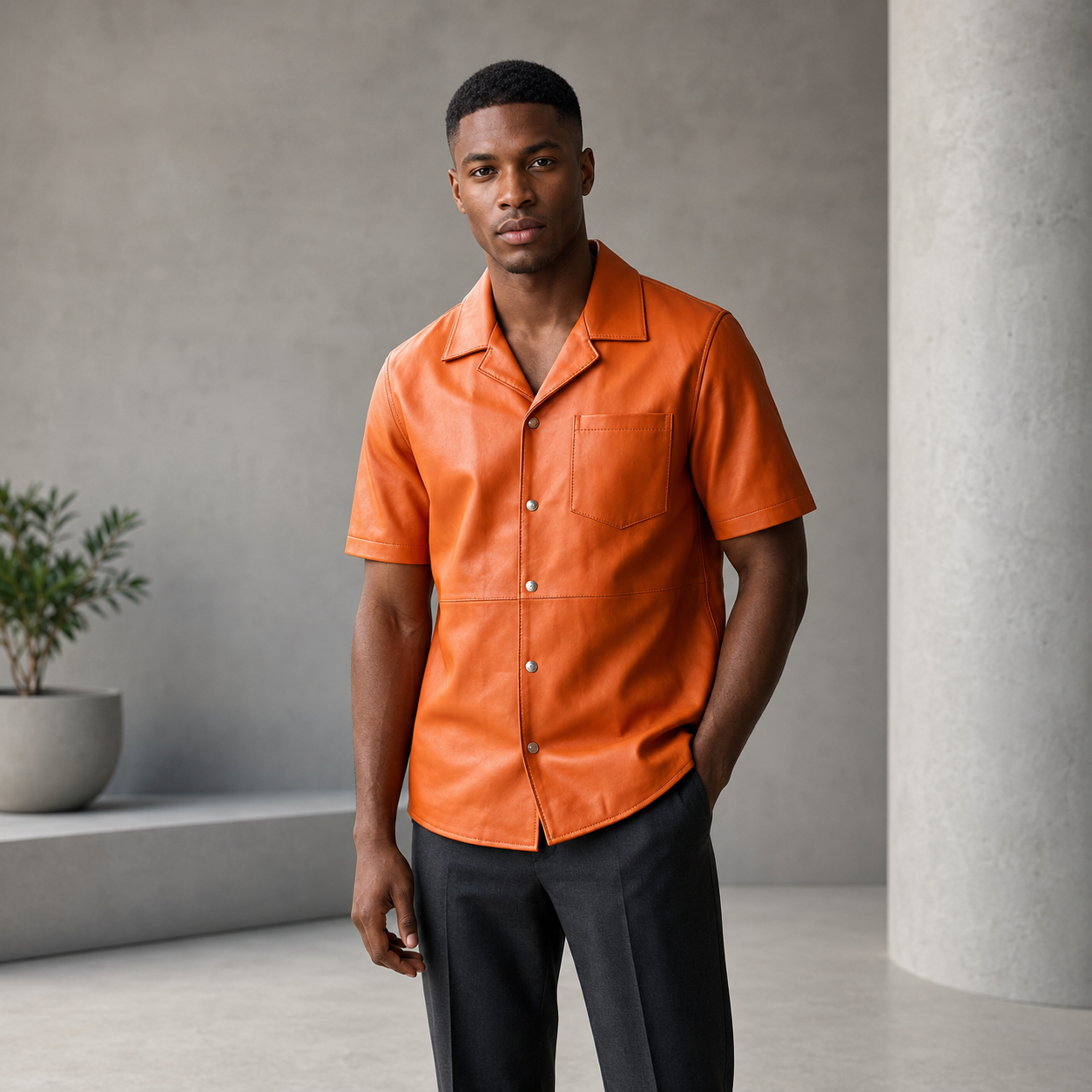 Short sleeves casual shirt for men 100% pure Italian lam skin [Orange]