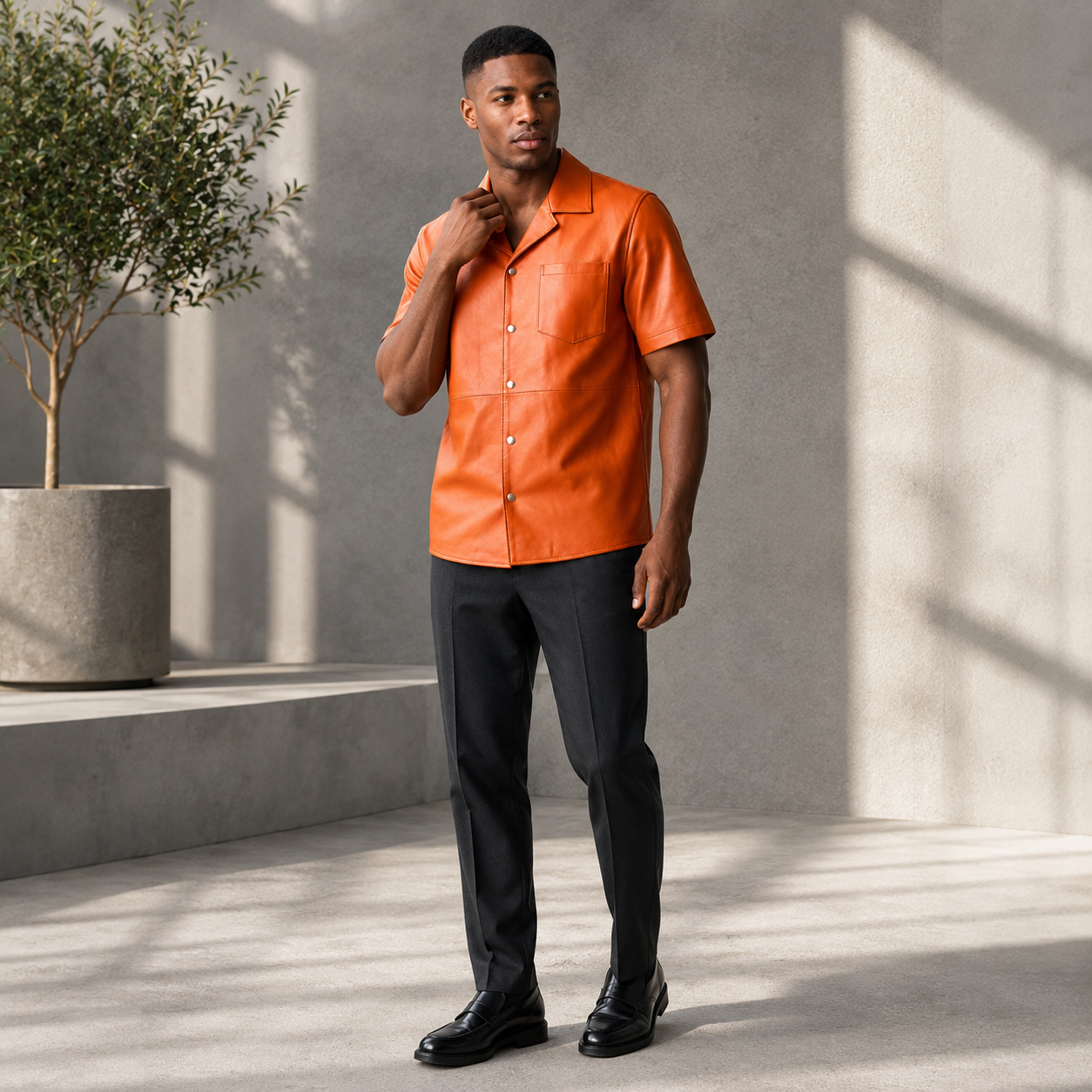 Short sleeves casual shirt for men 100% pure Italian lam skin [Orange]