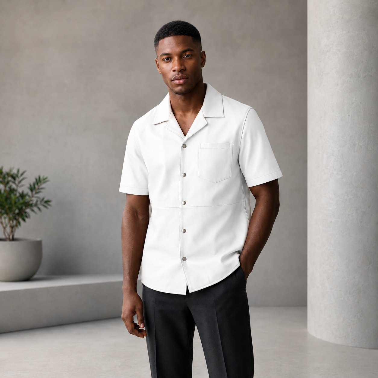 Short sleeves casual shirt for men 100% pure Italian lam skin [White]